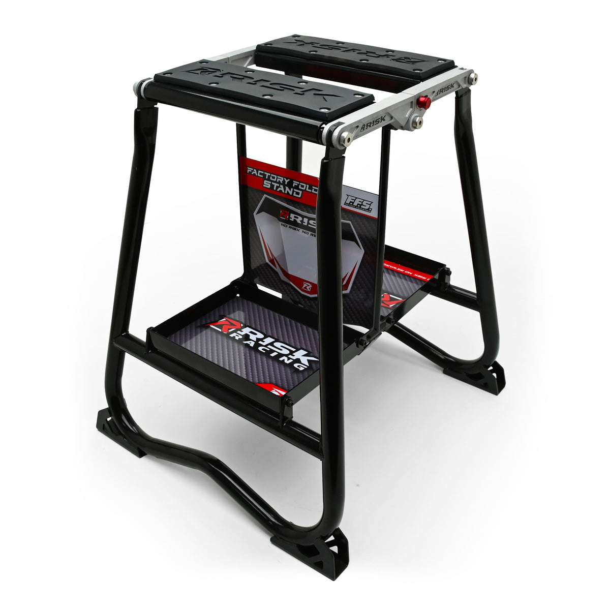 Risk Racing F.F.S. Factory Fold Stand, schwarzer Motocross-Stahlständer auf weißem Hintergrund