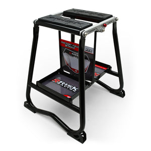 Risk Racing F.F.S. Factory Fold Stand, schwarzer Motocross-Stahlständer auf weißem Hintergrund