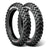 Two Plews off-road dirt bike tires with knobby tread pattern on a white background