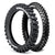 Two black off-road dirt bike tires with visible Plews branding on a white background