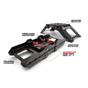 Risk Racing Starting Blocks callout diagram. Text reads: high traction non-slip tops, spring loaded adjustment hooks, collapsible & interlocking, powder coated heavy duty steel, adjustable legs change height from 1.75" - 7"